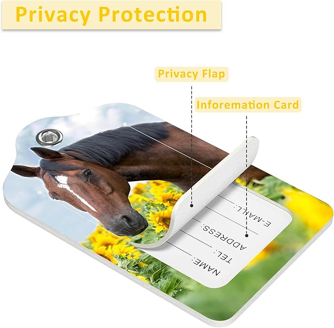 Luggage Tags for Suitcase,2 Pack Horse in Field of Sunflowers Luggage Tag with Privacy Flap,Name ID Label and Metal Loop for Women Men Girls Baggage Bag Backpack Instrument