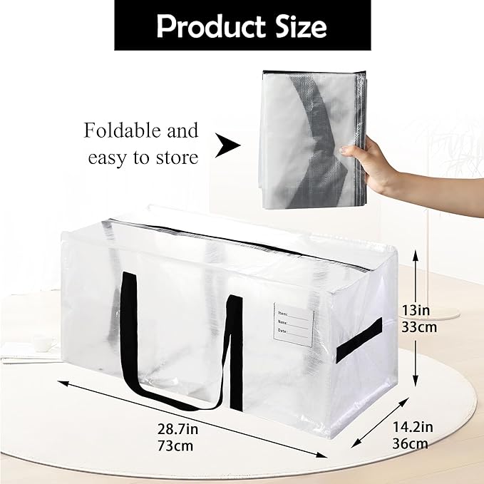 8 Pack Heavy Duty Extra Large Moving Bags with Black Handles, Waterproof Foldable Storage Totes,Clothing Storage Bags,Packing Moving Boxes for College Supplies & Seasonal Storage,Clear