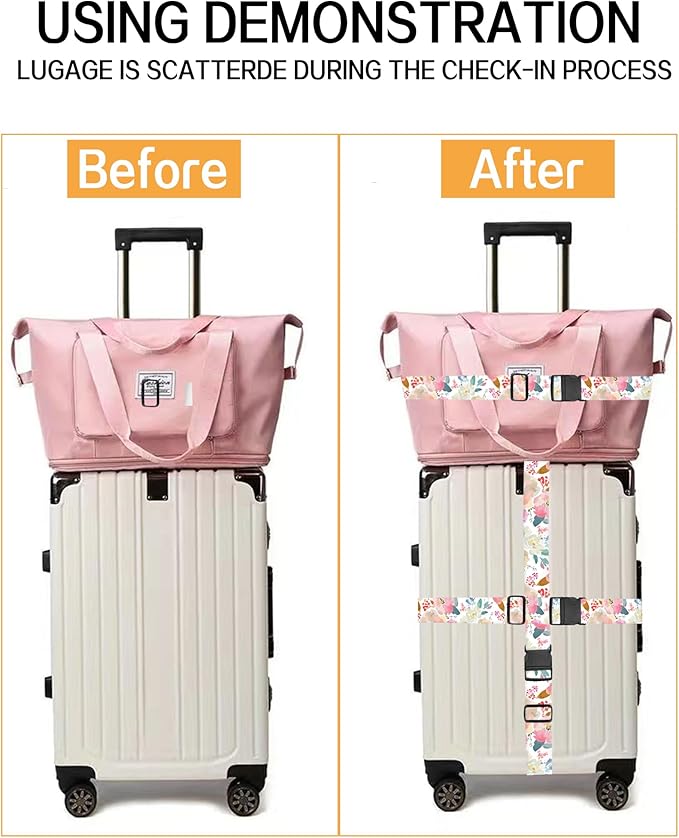 Luggage Straps for Suitcases, Adjustable Travel Belt, Durable Wide Luggage Strap, Cute Suitcase Strap Identifiers with Buckle, Bag Straps for Luggage, Cute Pink Flowers