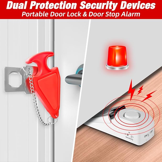 Portable Door Stop Alarm and Traveling Hotel Door Lock, No Installation Required, Provides Double Security for Home, Hotel and Traveling (1 Door Lock + 1 Door Stop)