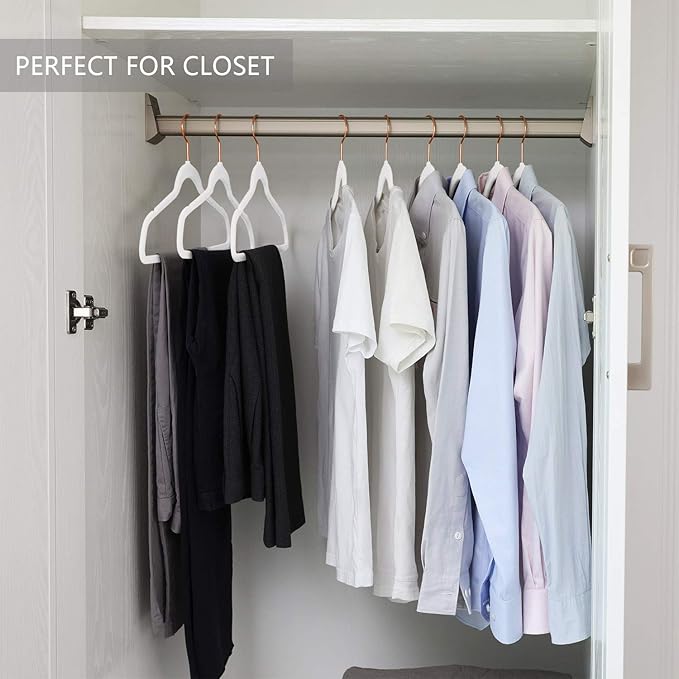 MIZGI Premium Velvet Hangers (60 Pack) Heavy Duty - Non Slip Felt Hangers - Velvet Suit Hanger White - Rose Gold Hooks,Space Saving Clothes Hanger
