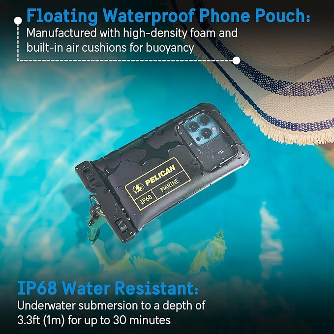 Pelican 2 Pack Marine - IP68 Waterproof Phone Pouch (Regular Size) Floating Waterproof Phone Case - Beach Cruise Ship Travel Essentials - Works w/All Phones - Detachable Lanyard - Black/Hi-Vis Yellow