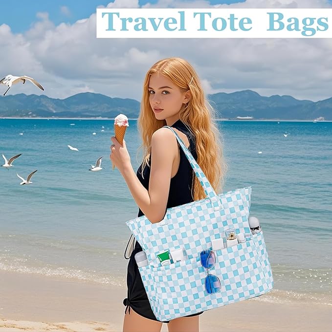 LEDAOU Large Beach Tote Bag Women Waterproof Sandproof Zipper Beach Tote Bag for Pool Gym Grocery Travel with Wet Pocket