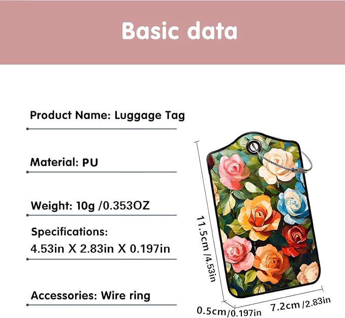 Luggage Tags for Suitcases, 2-Pack PU Leather for Cruise & Travel, Baggage ID Tags with Privacy Cover & Address Card, Durable Metal Ring, Kids Adults Travel Accessories, Painterly Roses