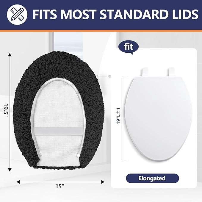 Microfiber Elongated Toilet Seat Cover 19.5"x 15" Machine Washable Solid Toilet Lid Cover Adjustable Rubber Backing Fits Most 18-19.5" L x 14-16" W Elongated Toilet Seat