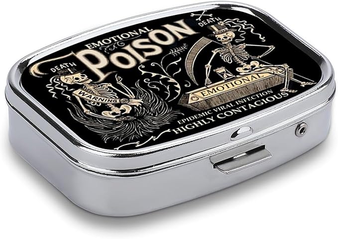Metal 2 Compartment Pill Organizer Travel Friendly Portable Compact Pill Box Cute Pill Case to Hold Vitamins,Fish Oil,Supplements,Meds,Tablet for Purse,Pocket. (Black Background)