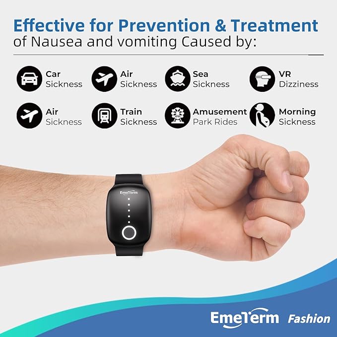 EmeTerm Fashion Anti-Nausea Wristband Relieve Morning Motion Travel Sickness Rechargeable Drug Free Bands Without Side Effects - Extra 2pack Conductive Gel (Jet Black - Extra 2pack Conductive Gel)