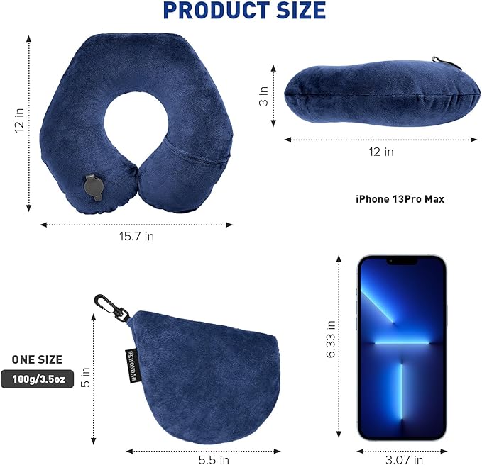 Rewondah Neck Pillows for Travel, Inflatable Travel Pillow, Inflatable Neck Pillow for Traveling Airplane with Soft Velour Washable Cover, Blow Up Neck Pillow for Airplanes Train Travel, Blue