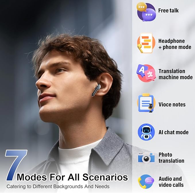AI Translation Earbuds Real Time with Audio and Video Calls, 3-in-1 Language Translator Earbuds,164 Languages, 7 Translation Modes, 32H Buletooth 5.3 Headphones with Mic Translating Device