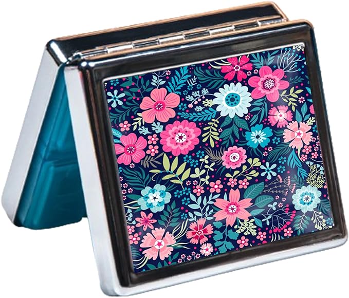 Silver Vintage Pill Box 7 Day Metal Pill Box with Mirror and 8 Compartments Cute Travel Pill Organizer for Purse (Colorful Floral Pattern)
