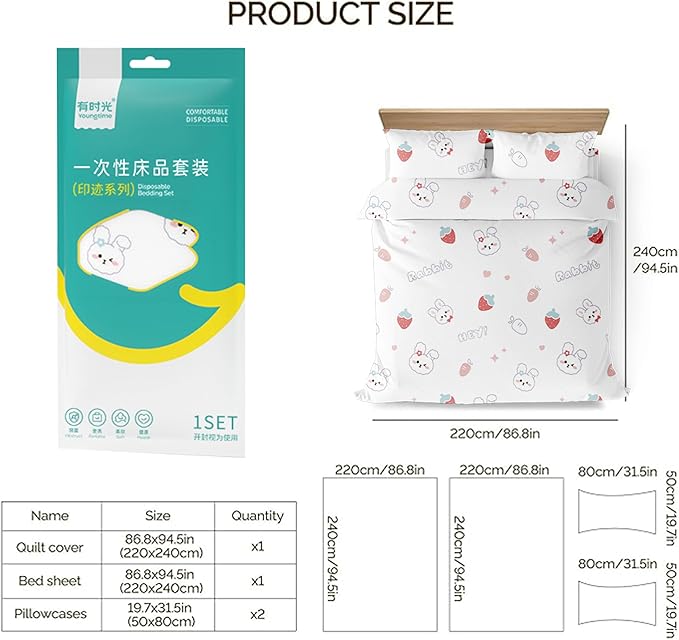 YOUNGTIME Disposable Bed Sheets, Quilt Cover and Pillow case Set for Hotel and Travel,Portable Ready to use Bedding Set Travel 4-Piece Double,Rabbit