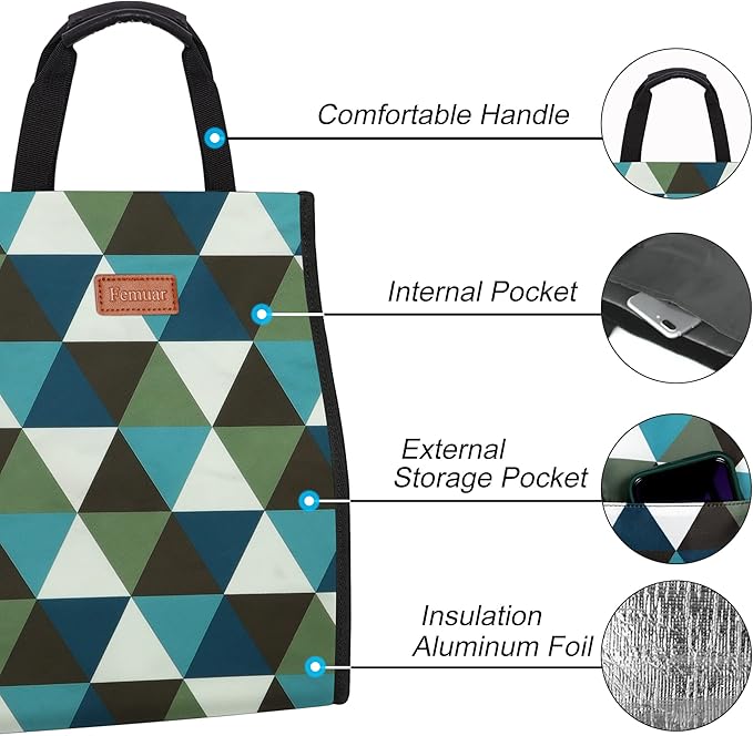 Lunch Bags for Women Insulated Reusable Lunch Tote with Internal Pocket, Lunch Tote bag for Work（Triangle）