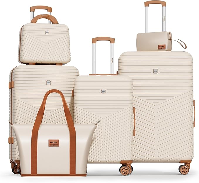 Hoteel 6 Piece Luggage Set (4-YEAR WARRANTY) with Spinner Wheels & TSA Lock, Carry on Luggage Hardshell ABS+PC, Travel Collection Suitcases Sets, Beige(13/20/24/28",Travel Bag,Cosmetic Bag)