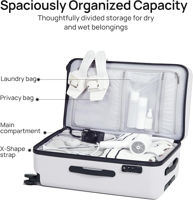 Carry On Suitcase, 20 Inch Carry-On Luggage with Double Spinner Wheels, Dry Wet Separate Design, PC Hard Case Suitcase, Lightweight Travel Luggage, TSA Approved (Solid White, Danube)