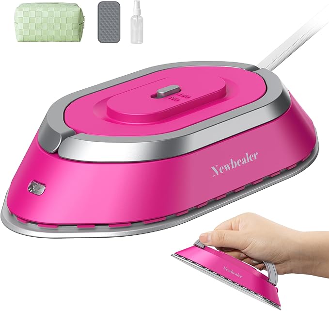 Newbealer Travel Iron with Dual Voltage - 120V/220V Lightweight Dry Iron for Clothes (No Steam), Non-Stick Ceramic Soleplate, 302℉ Heat Press Machine, w/Spray Bottle, Pouch & Silicone Stand (Hotpink)