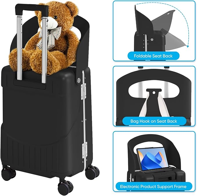 TABU 20" Ride-on Luggage with Seat For Kids & Adults，Carry On Hardshell Ride On Suitcase with 360° Lockable Spinner and TSA Lock, Black