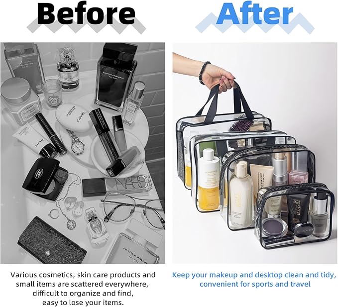 ABSOFINE Clear Toiletry Bag for Travel Size Toiletries, 4 Pack Large Waterproof PVC Makeup Bags with 2 Pack Airport Security Liquids Bags, Travel Essentials toiletry Bottles for Women Girls Men
