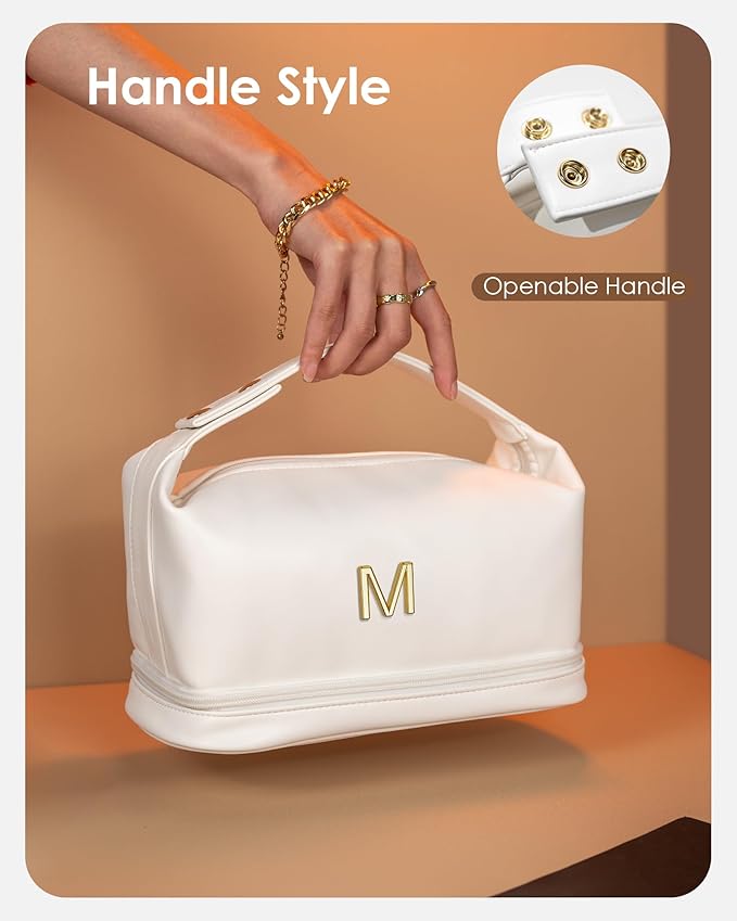 Letter Makeup Bags, Personalized Bags with Handle, Waterproof Double Layer Cosmetic Bag, Large Capacity PU Leather Makeup Bags Letter Travel Toiletry Bag with Makeup Brush Organizer