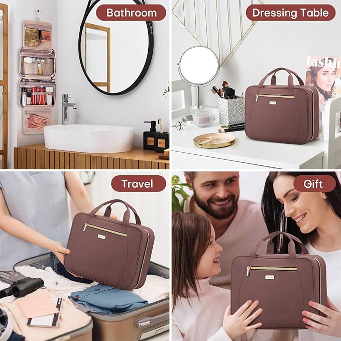 Hanging Toiletry Bag for Women Travel, 2 Sizes Large & Small Waterproof Cosmetic Organizer with 4 Compartments, Rotating Hook, Foldable Pink Travel Bag for Toiletries & Makeup Red Sandalwood