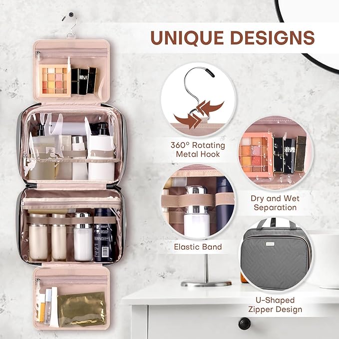 Toiletry Bag for Women with Jewelry Organizer Compartment, Jewelry Boxes for Gifts, Travel Makeup Cosmetic Bag with Hanging Hook for Full-sized Toiletries, Shampoo - Grey, Gifts for Women
