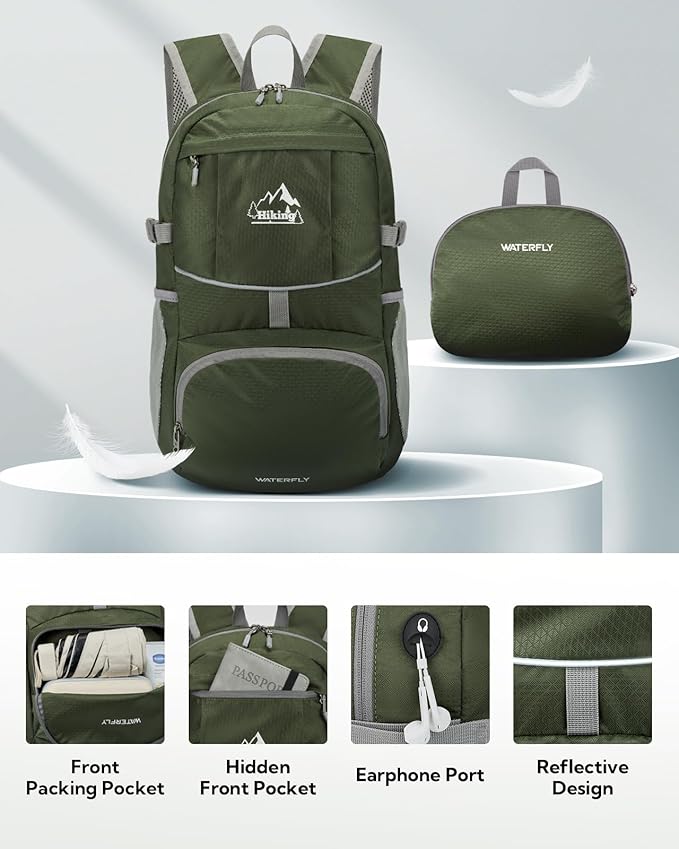 WATERFLY Hiking Foldable Daypack Backpack: 25L Ultra Lightweight Packable Waterproof Outdoor Travel Day Pack for Woman Man