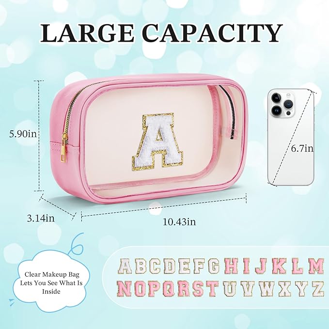 YOOLIFE Travel Toiletry Bag for Women, Pink Clear Makeup Bag Cute Make Up Bag for Women Cosmetic Bags Skin Care Makeup Bag Organizer Birthday Gifts for Women Teacher Mother Girlfriend Initial P