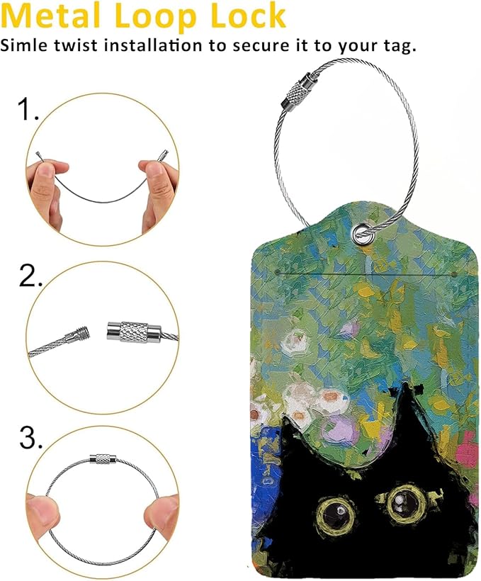 Oil Painting Black Cat 2 Pcs Luggage Tags,Privacy Cover ID Label with Stainless Steel Loop and Address Card for Travel Bag Suitcase