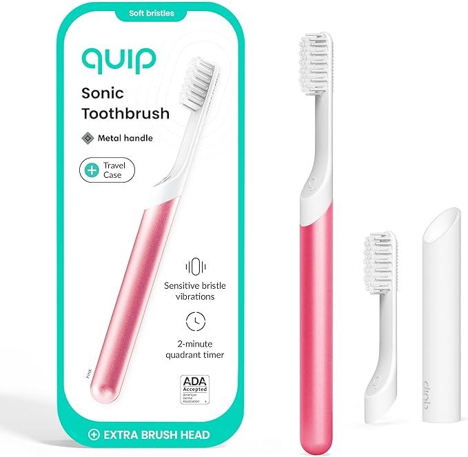 Quip Sonic Toothbrush for Adults with Timer - Includes Extra Brush Head and Travel Cover Mount - Electric, Soft Bristle Refill Head, Metal Handle, 3 Month Battery Life - Travel Toothbrush - Pink