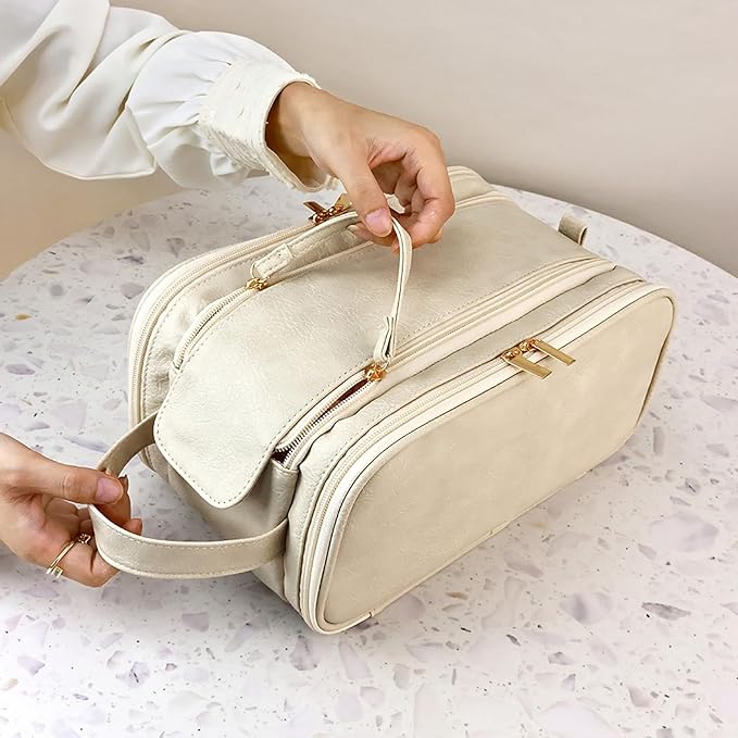 Travel Toiletry Bag for Women PU Triple-layer Double Zipper Toiletry Bags,Toiletries bag Women Waterproof with Handle Stowable Brushes, Toiletries Makeup for Business Trips Camping Bathroom Beige