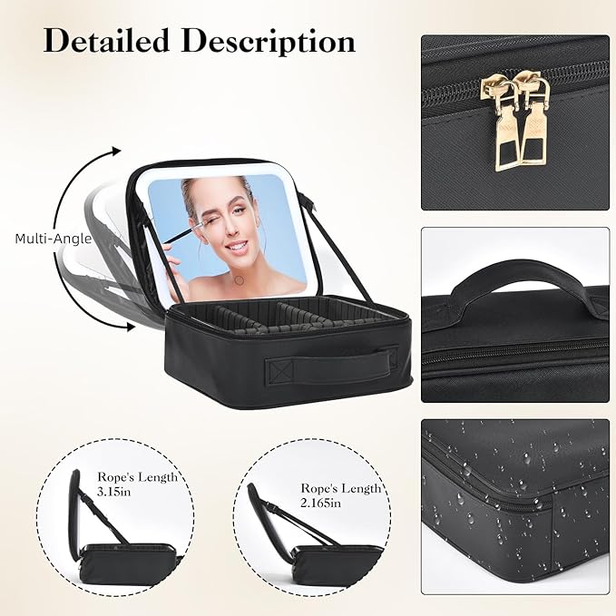 Travel Makeup Bag With LED Mirror,Cosmetic Train Case with 3 Color Setting,Cosmetic Makeup Organizer Bag with Adjustable Dividers,Portable Make up Box with Make up Brushes Holder Storage（Back）
