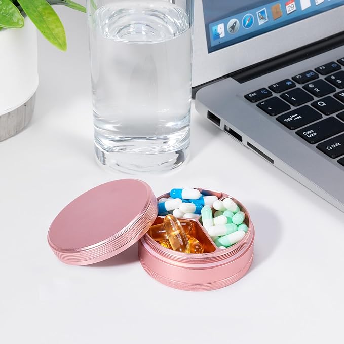 Metal Travel Pill Box 3 Compartment - Small Waterproof Pill Container Portable Daily Pill Case Pink Pocket Purse Medicine Organizer Holder for Medication Vitamins Fish Oils