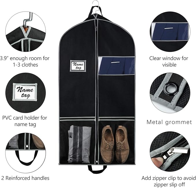 Zilink 43" Garment Bag Suit Bags for Travel with Pockets Breathable Dress Suit Cover for Storage with PVC Card Holder, Black