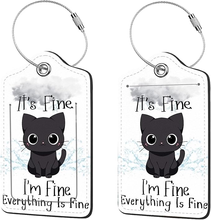 2 Pcs Luggage Tags for Suitcase, Cute Unique PU Leather Travel Bag Tag with Privacy Cover ID Label Address Card and Durable Metal Ring Suitable for Men Women Children Backpack,Cat Under A Dark Cloud