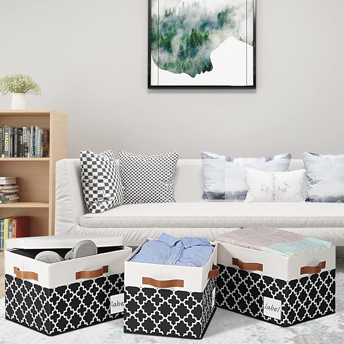 Large Storage Bins with Lids, Foldable Fabric Storage Baskets with Lids, Sturdy Storage Boxes with Labels and 3 PU Handles for Closet Home Bedroom Office (26L, 3 Packs, Black Plaid&White)