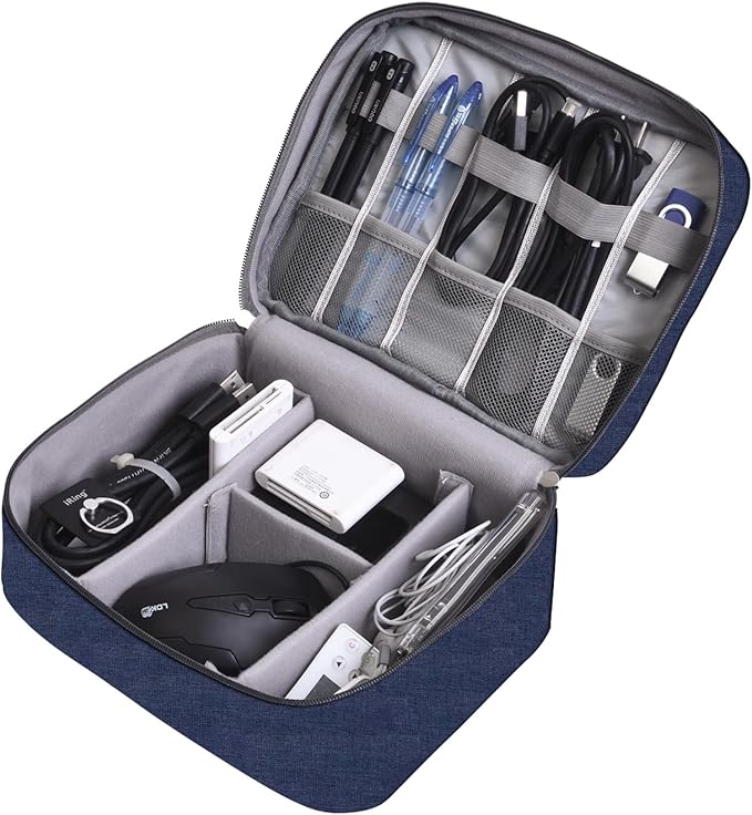 Cable Organizer bag for women or men,Electronic Accessories Carry Case Portable Waterproof Double Layers All-in-One Storage Bag for Cord, Charger, Phone, Earphone (Navy blue)