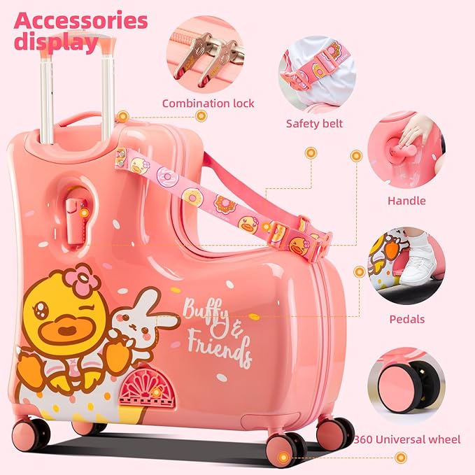 Kids' Lightweight Ride on Luggage with Spinner Wheels & Foldabe Design (Pink Rabbit, 20"+ Aged 1-3 Toddler),Children Holiday Birthday Gift