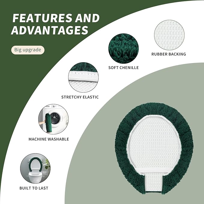 Microfiber Elongated Toilet Seat Cover 19.5"x 15" Machine Washable Solid Toilet Lid Cover Adjustable Rubber Backing Fits Most 18-19.5" L x 14-16" W Elongated Toilet Seat