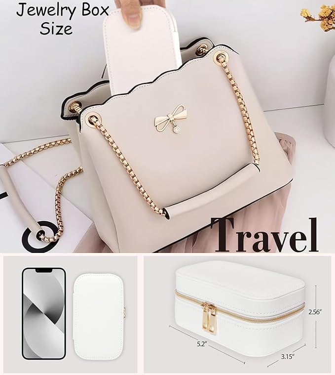 Small Jewelry Travel Case For Womens Small Rectangle PU Leather Jewelry Box With Zipper 2.56" H Portable Travel Jewelry Case For Big Earring Rings Necklaces Bracelets White Jewelry Gifts Box