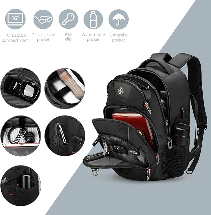 Swissdigital Design Travel Backpack for Men with Apple Find My, Laptop Backpack with USB Charging Port, RFID Protection, Add-A-Bag System - Travel Backpack for Men
