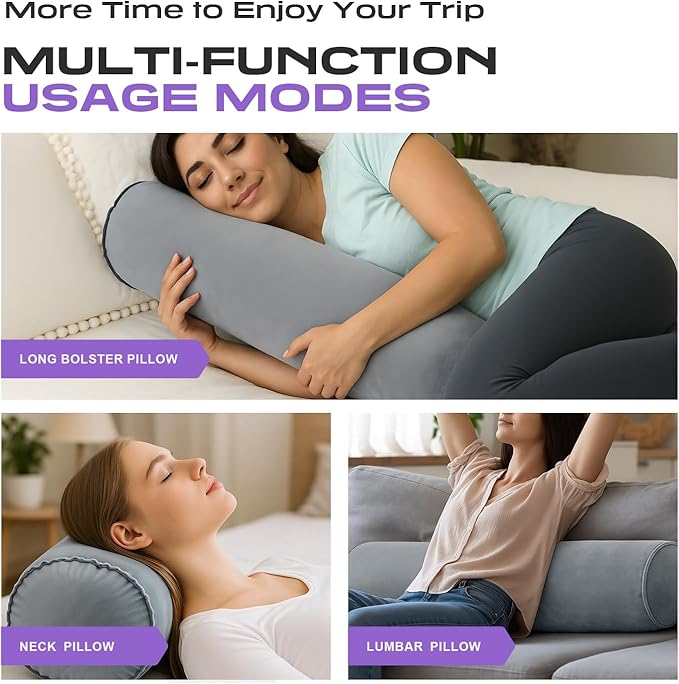 ETROL Inflatable Body Pillow for Adults, 35-inch Long Pillows for Bed, Bolster Pregnancy Pillows for Sleeping, Inflatable Travel Full Body Pillow, Hug Round Pillow for Side Sleeper, Soft Velvet, Grey