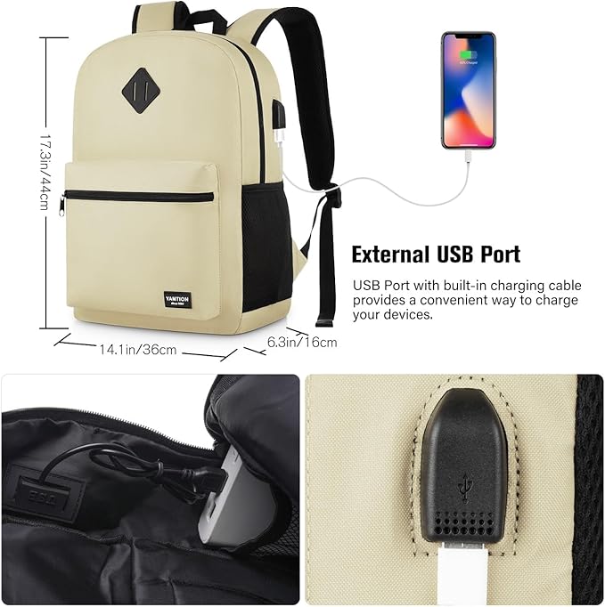School Backpack,Unisex Classic Bookbag Teens Schoolbag with USB Port for High School College Office Work Travel, 15.6 inch, Beige
