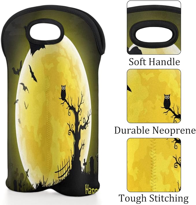 Vintage Sea Turtle 2 Bottle Wine Carrier Tote Bag Insulated Wine Bottles Neoprene Bag with Secure Carry Handle Portable Wine Cooler Bag for Travel Picnic Beach (Halloween Moon Owl)
