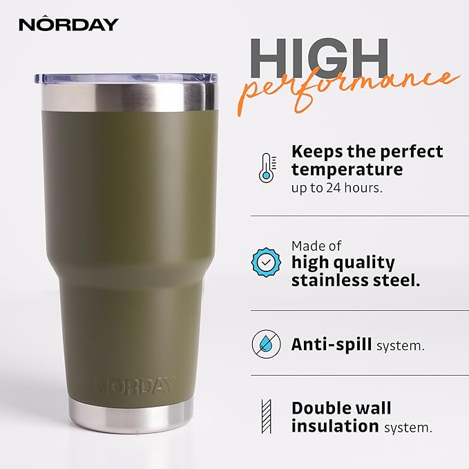 NORDAY | Tumbler with Lid - 30oz - Military Insulated Tumbler - Stainless Steel Tumblers - Double Wall Insulated Travel Coffee Mug for Car Cup Holder - Keeps Temperature for 24hr - Anti Spill Lid