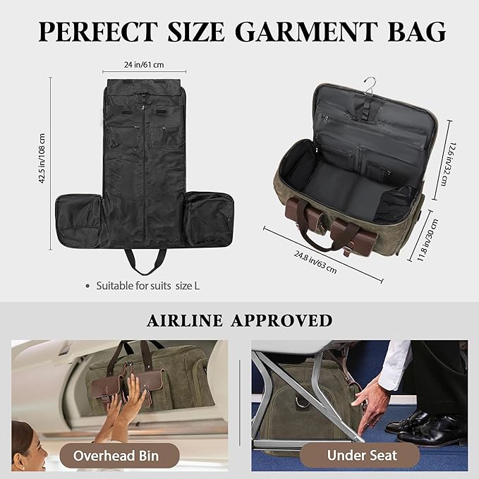 Waxed Canvas Garment Bags for Travel, Convertible Carry On Garment Duffel Bag for Men Women, 2 in 1 Suit Bag Hanging Suitcase Business Travel Bag with Shoe Compartment (Vintage Grey, XL)