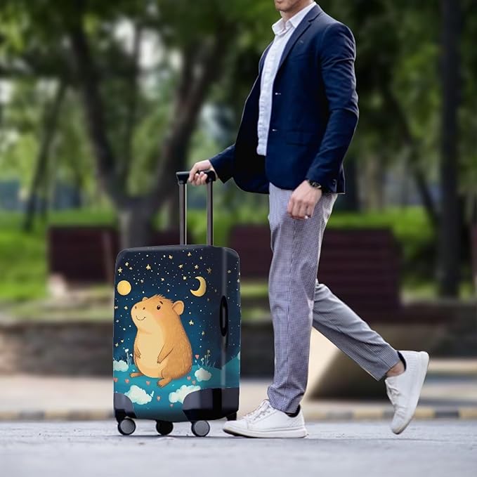 Capybara Suitcase Cover Cute Luggage Cover Protector Invisible Zipper Closure Travel Luggage Protector Fit 22-25 Inch Anti-Scratch Stretchable Suitcase Protector, Moon and Star