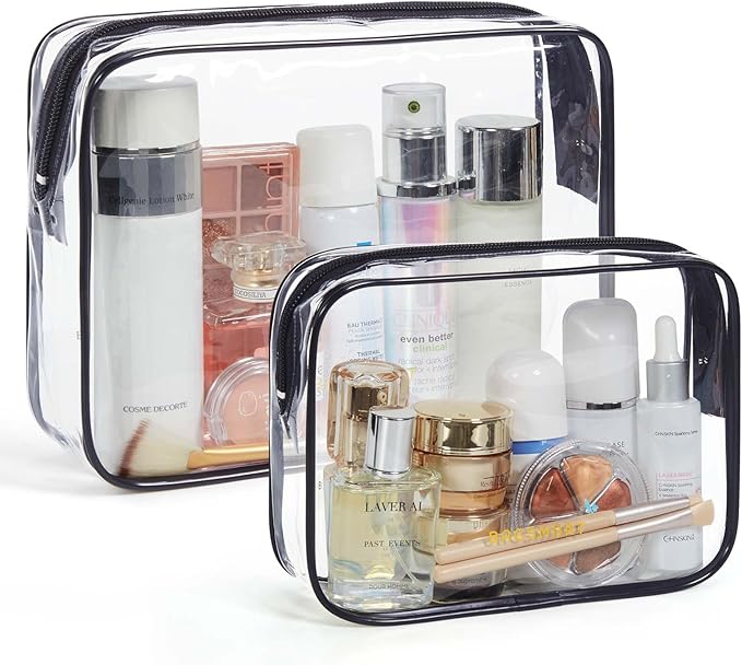BAGSMART Clear Toiletry Bag, 2 Packs TSA Approved Water Resistant Quart Size Travel Organizer, 2 Sizes Airport Airline Travel Essential Carry On Makeup Cosmetic Bags for Women, Black