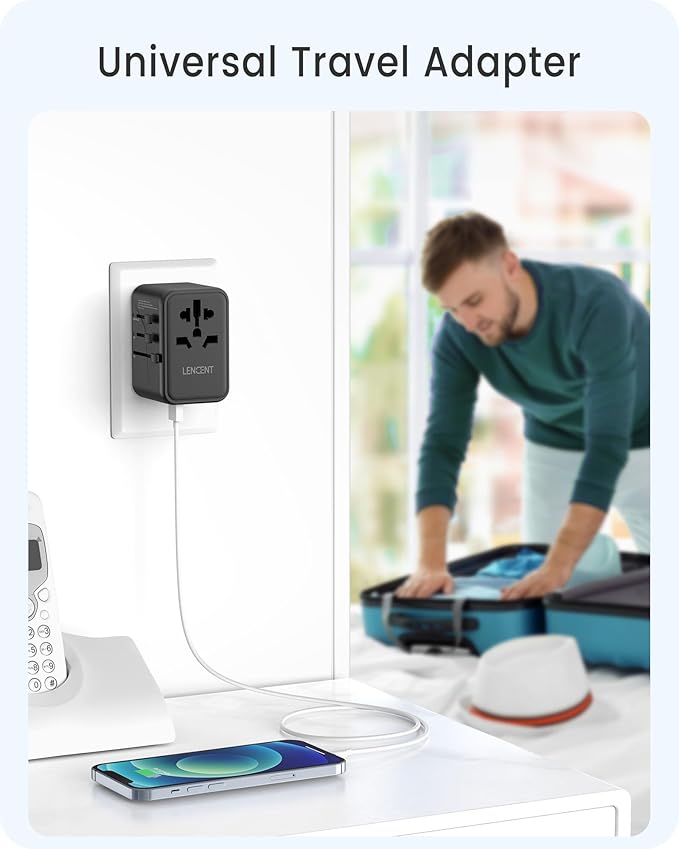 LENCENT Universal Travel Adapter, GaN III 65W International Charger with 2 USB Ports & 3 USB-C PD Fast Charging, All in One Outlet Adaptor for iPhone,Laptops, Type A/C/G/I (USA/UK/EU/AUS)