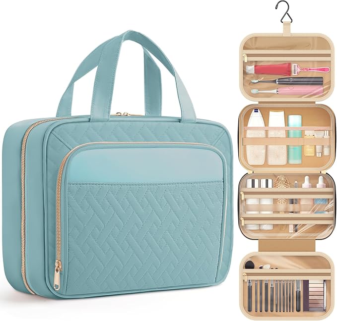 HOTOR Travel Toiletry Bag for Women & Men, Waterproof Makeup Bag with Hanging Hook and Multiple Pockets, Cosmetic Bags for Women, Travel Essentials, 11.2'' x 3.2'' x 8.9'', Light Blue