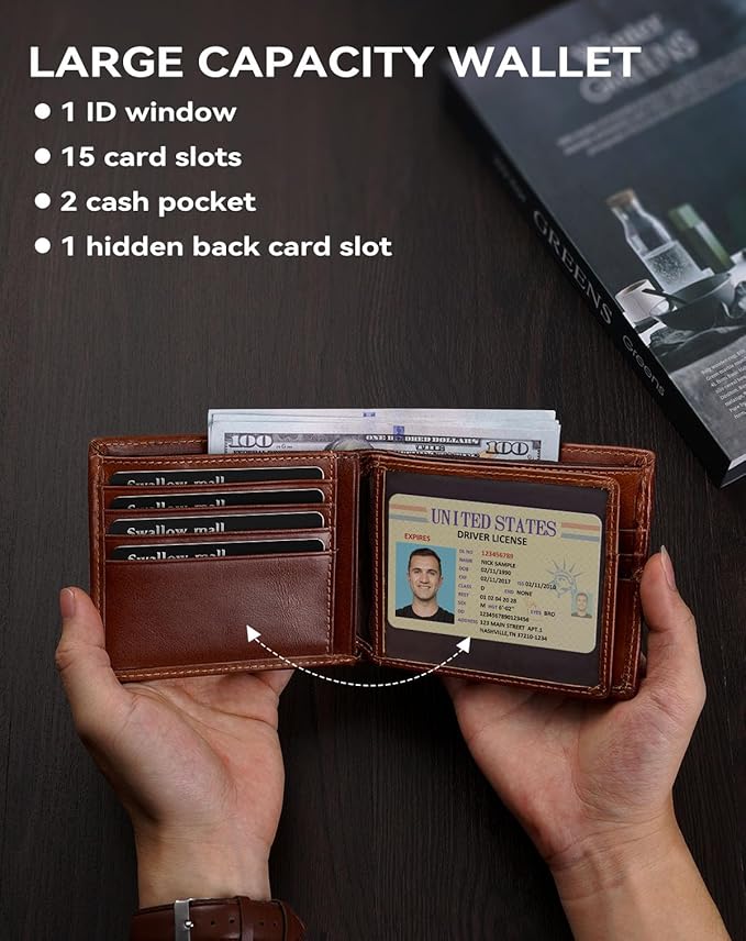 Swallowmall Mens Wallet Rfid Blocking Genuine Leather Bifold Wallets with 1 ID Window 15 Card Slots
