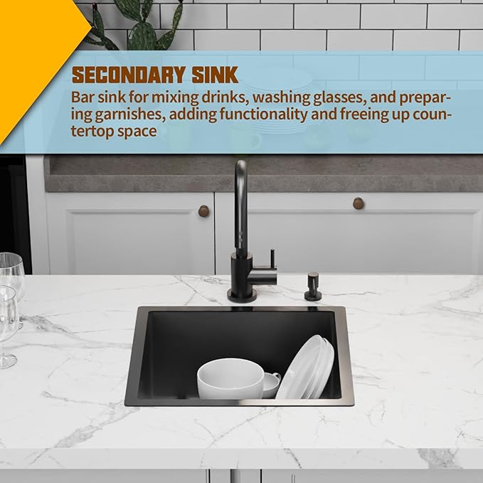 Small Black Kitchen Sink,18x18 Inch Stainless Steel Undermount Drop In Kitchen&Bar Sink Ideal Choice For Small Space, Prep Area, RV With Bottom Grid,Soap Mat And Drain Assembly